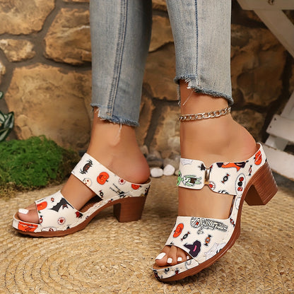 Slip-On Floral Block Heel Sandals