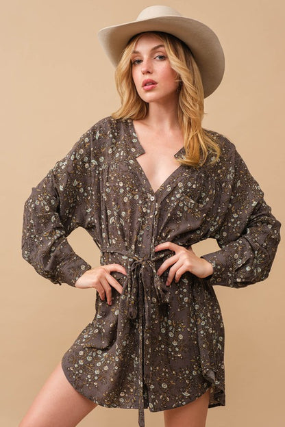 Rayon Crinkle Ditsy Floral Raw Shift Shirt Dress