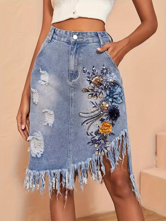High-Waist Embroidered Distressed Denim Skirt With Fringe Hem