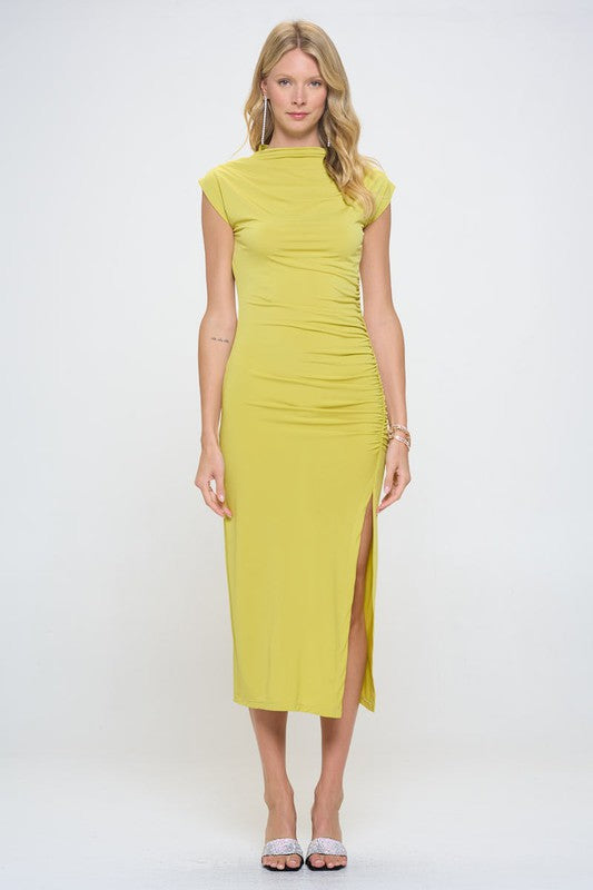 Made in USA Sleeveless Ruched Dress with Slit