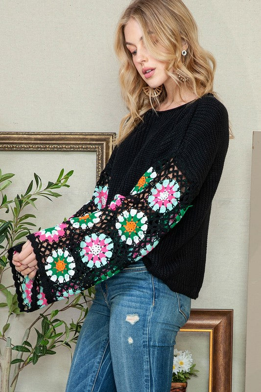 Black Floral Crochet Bell Sleeve Loose Sweater