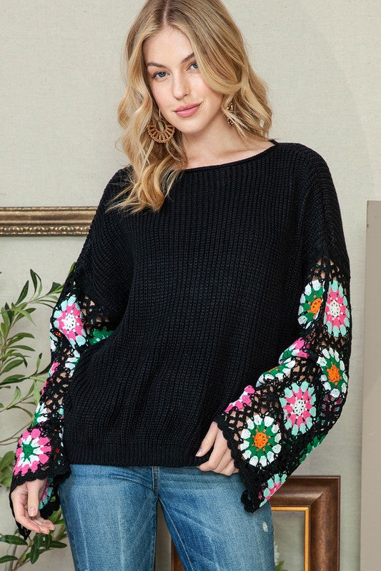 Black Floral Crochet Bell Sleeve Loose Sweater