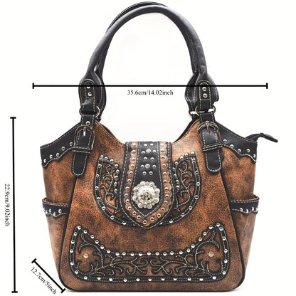 Western Style Brown Concho Studded Shoulder Bag And Wallet Set