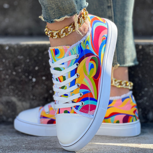 Colorful Abstract Print Sports Shoes With Laces