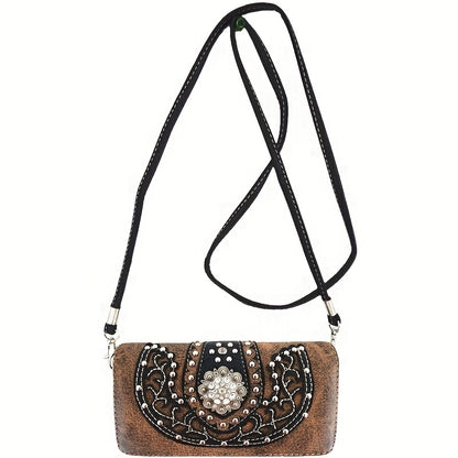 Western Style Brown Concho Studded Shoulder Bag And Wallet Set