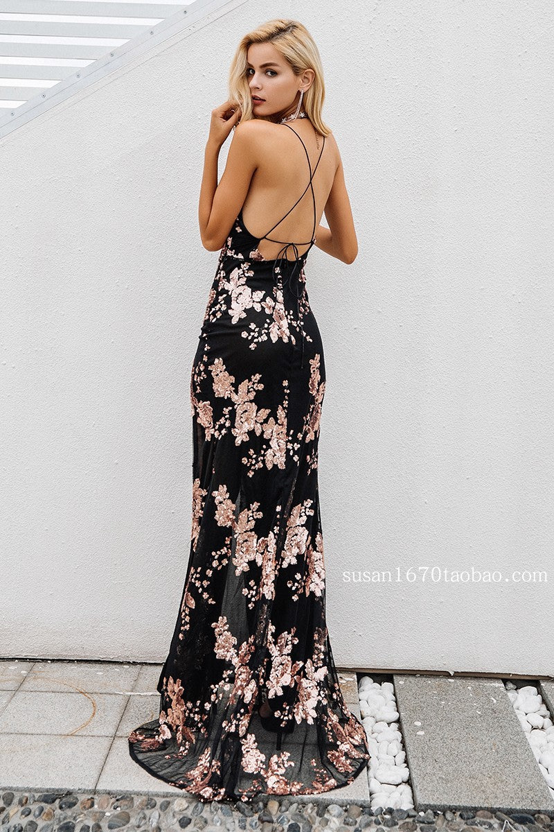 Temperament Sequins Long Floral Evening Dress