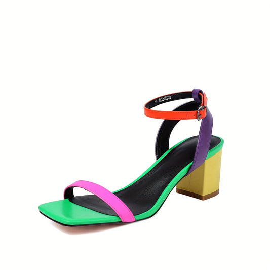 Colorful Ankle Strap Block Mid-Heel Sandals