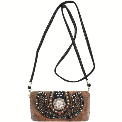Western Style Brown Concho Studded Shoulder Bag And Wallet Set