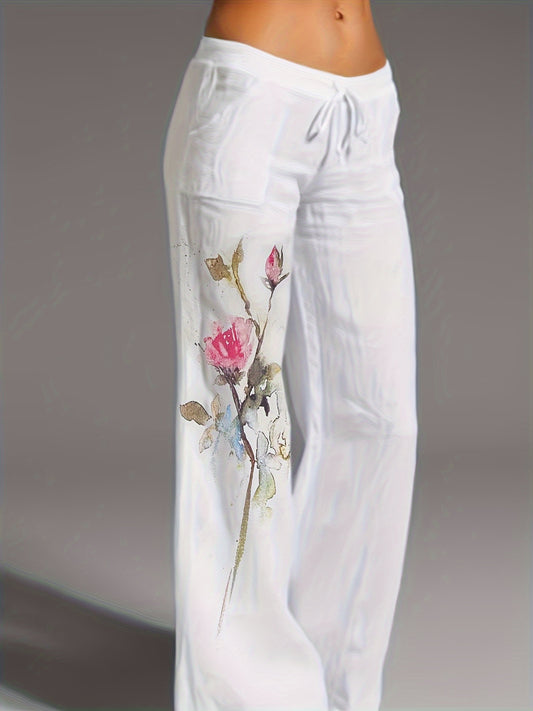 Linen Floral Print Wide Leg Pants