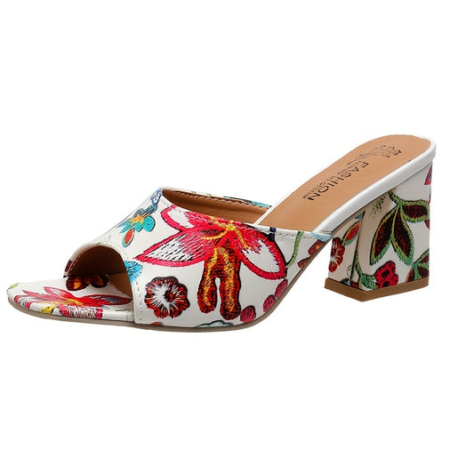 Floral Block Heel Slip-On Glam Sandals