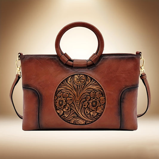 Vintage Flower Embossed Large Capacity Satchel Purse With Round Handle
