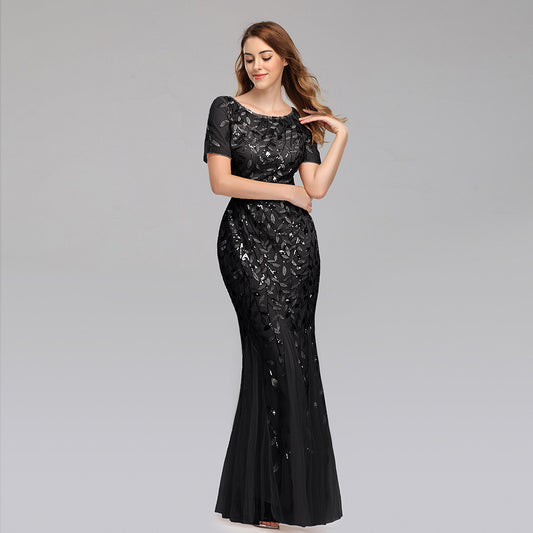 Fitted Short Sleeve Embroidery Evening Dress