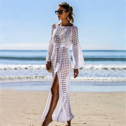 Hollow Knitted Long Sleeve Beach Dress