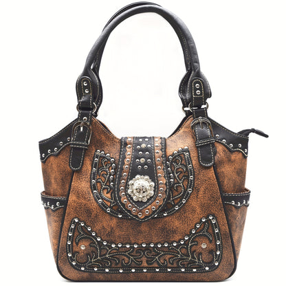 Western Style Brown Concho Studded Shoulder Bag And Wallet Set