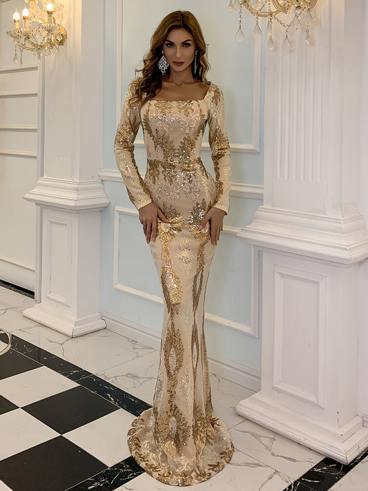 Golden Sequin Long Sleeve Mermaid Formal Gown