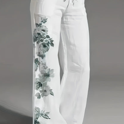 Linen Floral Print Wide Leg Pants