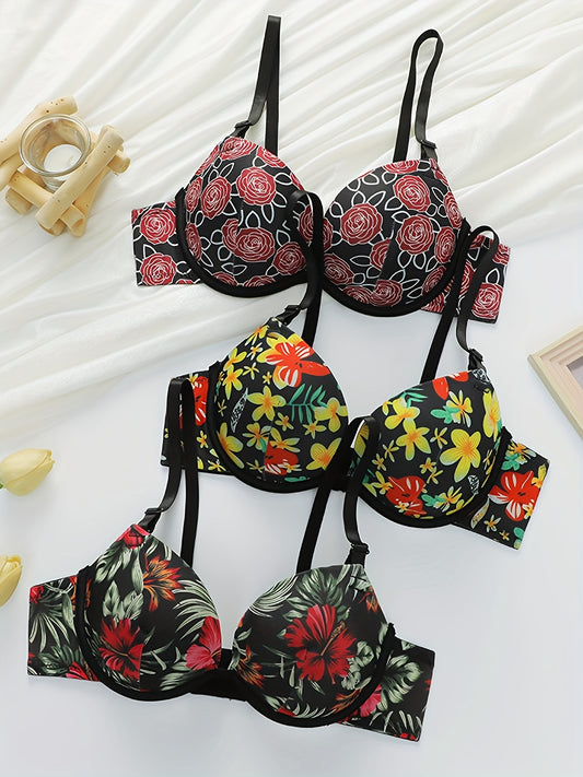 3pcs Floral Underwire Push-Up Bras