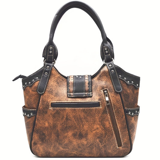 Western Style Brown Concho Studded Shoulder Bag And Wallet Set