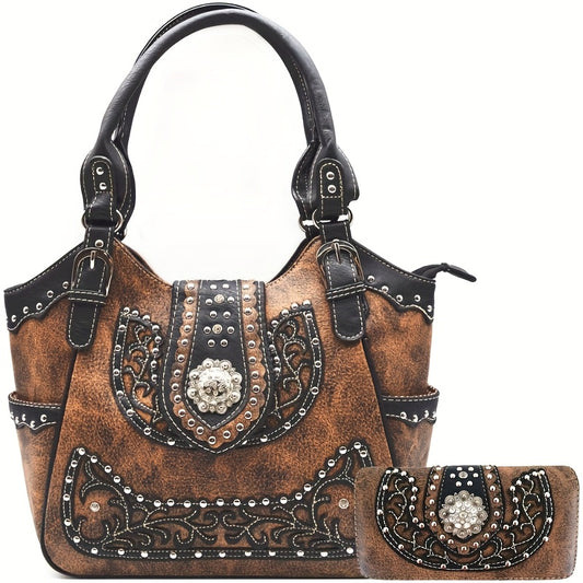 Western Style Brown Concho Studded Shoulder Bag And Wallet Set