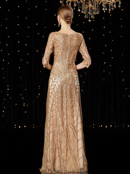 Elegant Abstract Embroidery Long Evening Dress