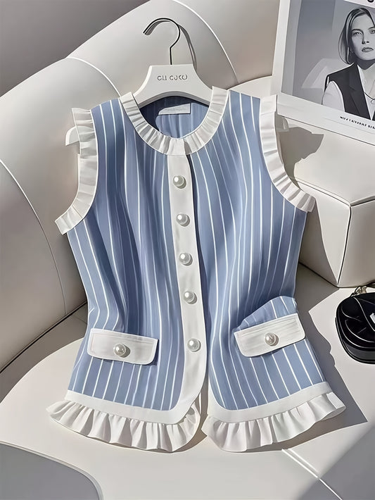 Pearl Buttons Blue & White Striped Vest