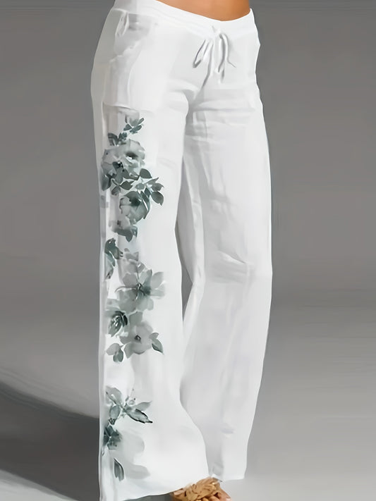 Linen Floral Print Wide Leg Pants