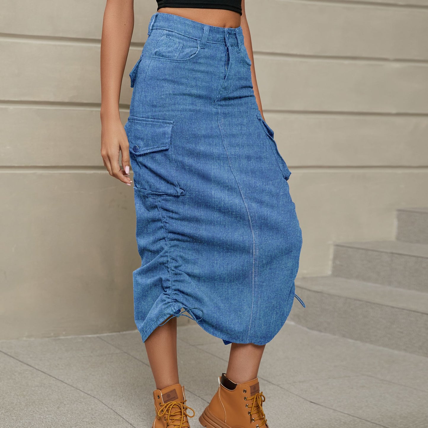 Drawstring Ruched Slit Denim Midi Skirt Posh Styles Apparel