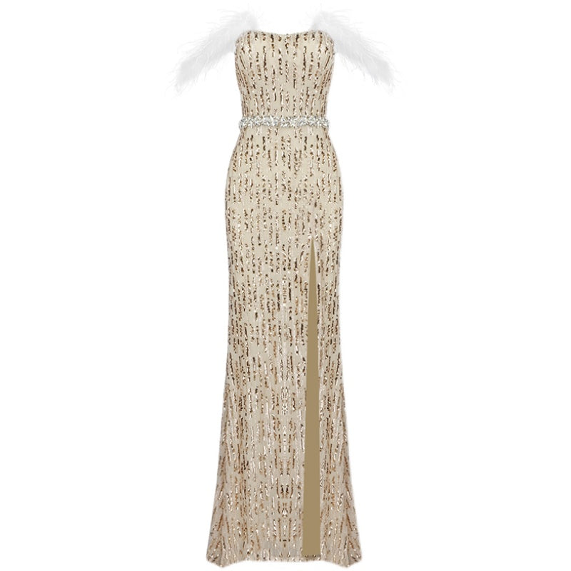 Feather Raglan Slit Fishtail Evening Dress