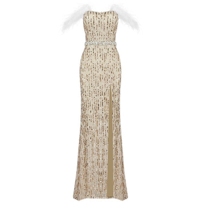 Feather Raglan Slit Fishtail Evening Dress