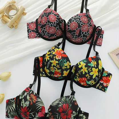 3pcs Floral Underwire Push-Up Bras