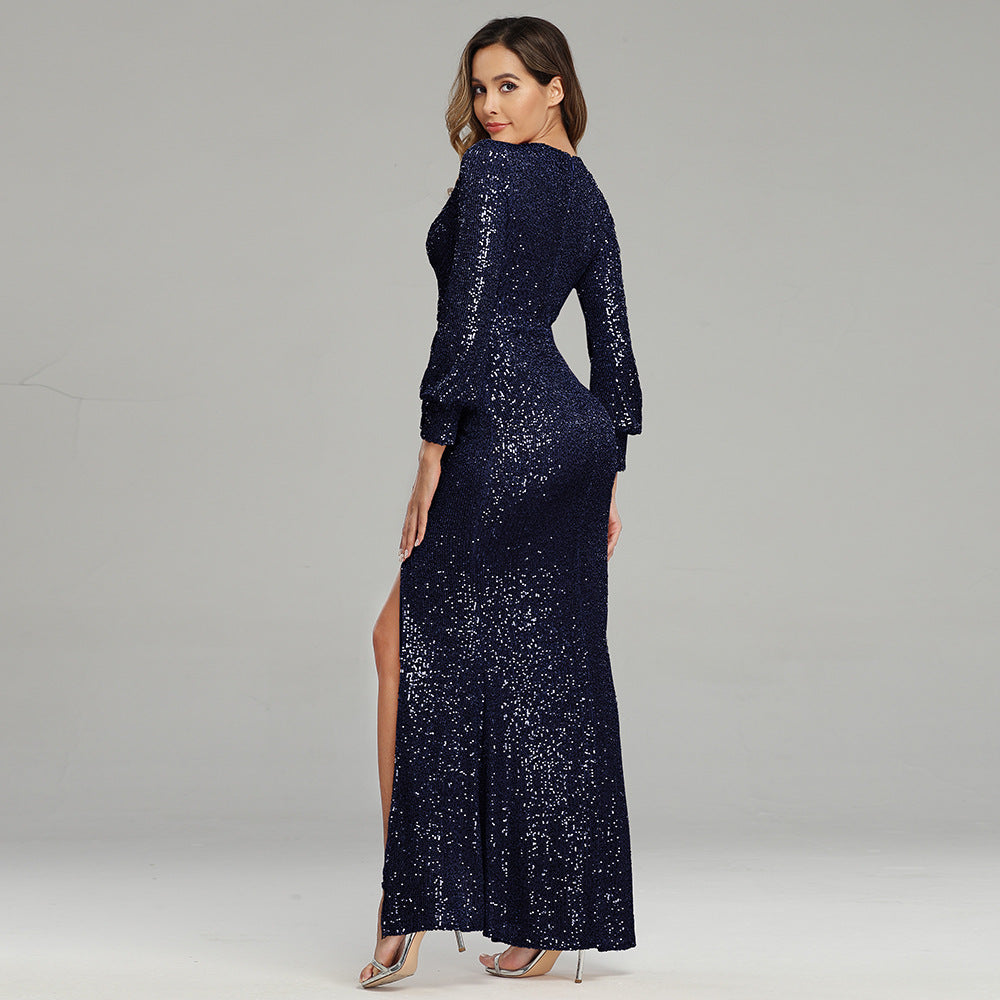 High Slit Deep V-Neck Long Sleeve Sequined Evening Gown