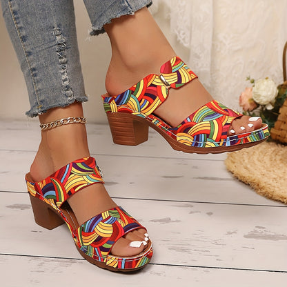 Slip-On Floral Block Heel Sandals