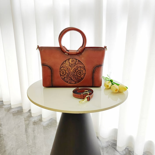 Vintage Flower Embossed Large Capacity Satchel Purse With Round Handle