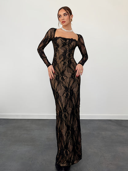 Black Square Neckline Lace Bodycon Long Evening Dress