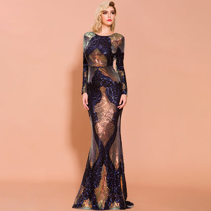 Navy Blue & Gold Mermaid Evening Dress