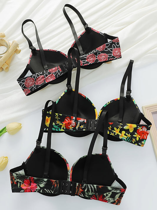 3pcs Floral Underwire Push-Up Bras