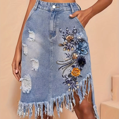 High-Waist Embroidered Distressed Denim Skirt With Fringe Hem