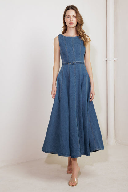 CREAM FIELD DENIM MIDI DRESS