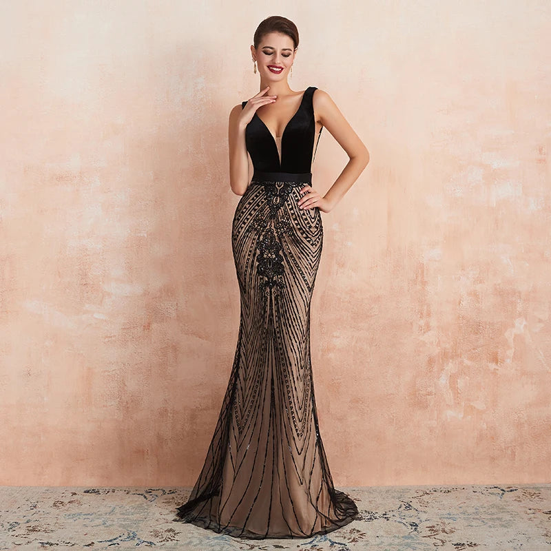 Black Backless V Neckline Mermaid Formal Evening Dress