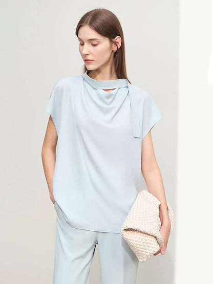 Amii Minimalism Swing Neck Chiffon  Blouse With Tie