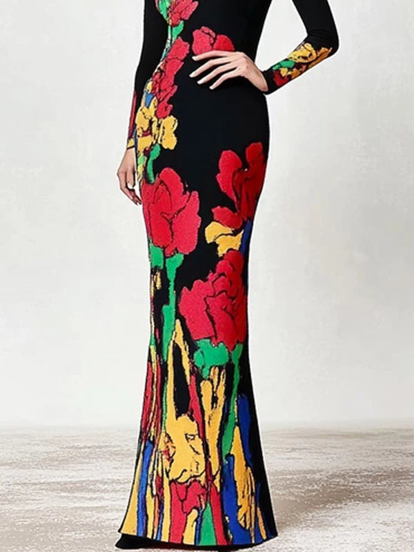 Elegant Black Floral Printed Long Sleeves High Neck Evening Dress