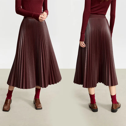 AMII Retro Pleated PU Leather Long Skirt