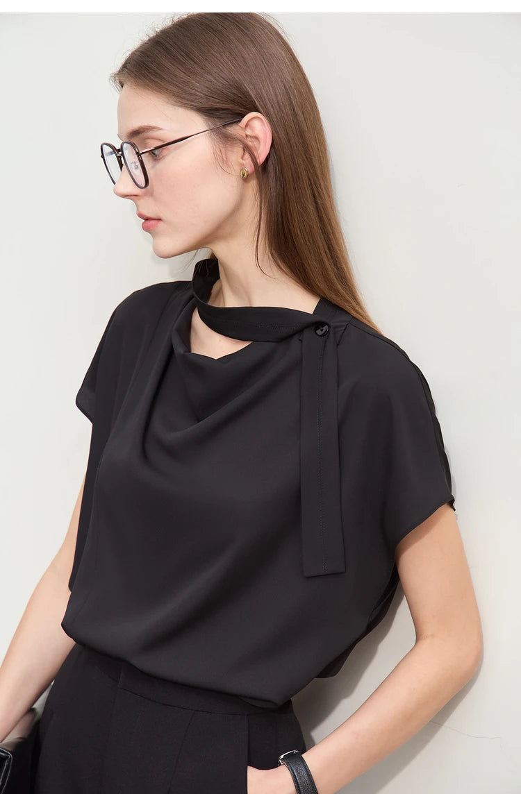 Amii Minimalism Swing Neck Chiffon  Blouse With Tie