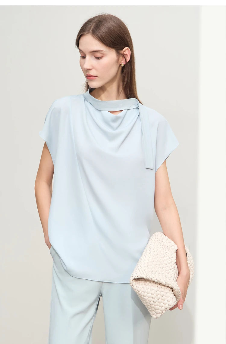 Amii Minimalism Swing Neck Chiffon  Blouse With Tie