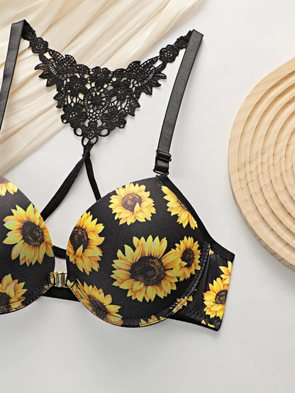 Chrysanthemum pattern push up bra and panties set
