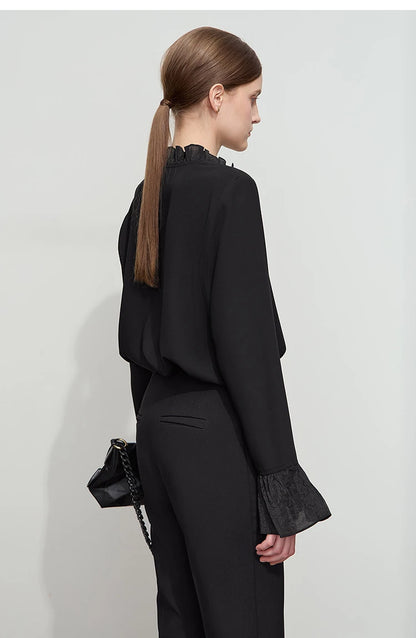 AMII Black Ruffle Splicing Loose Chiffon Shirt