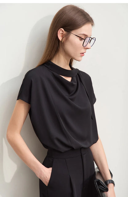 Amii Minimalism Swing Neck Chiffon  Blouse With Tie