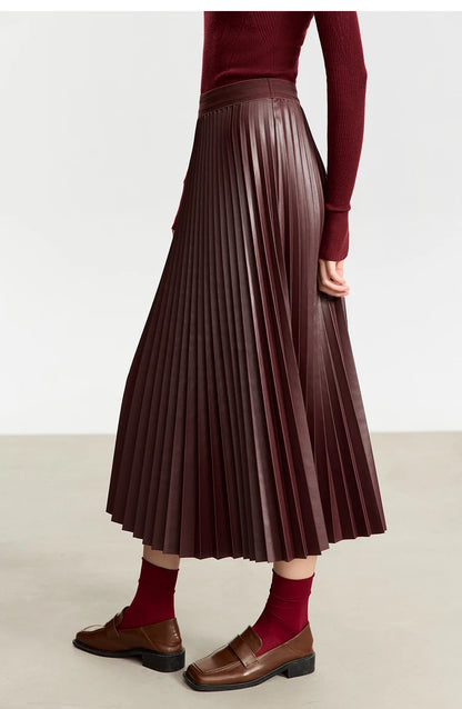 AMII Retro Pleated PU Leather Long Skirt