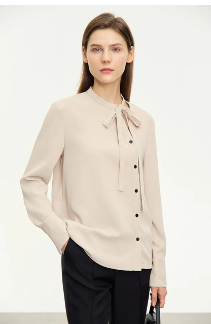 AMII  Stand Collar Lace Up Chiffon Blouse