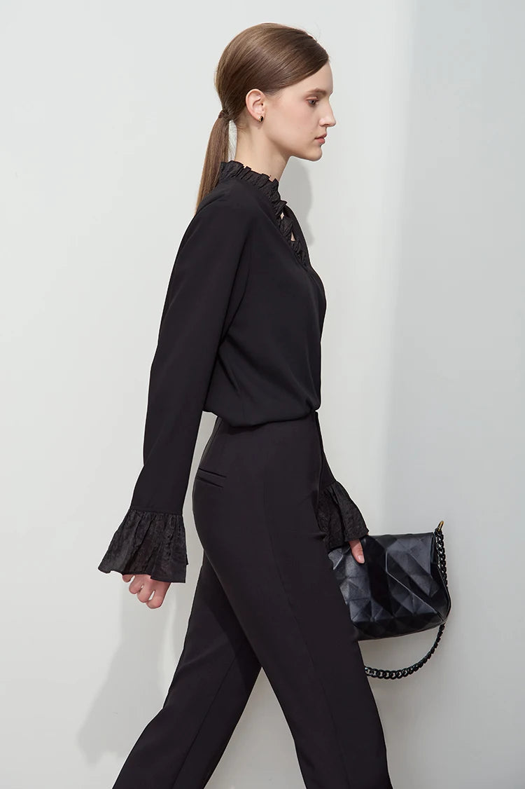 AMII Black Ruffle Splicing Loose Chiffon Shirt